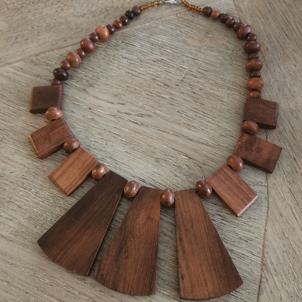 Bohemian Natural Wood Statement Necklace - Picture 2 of 5